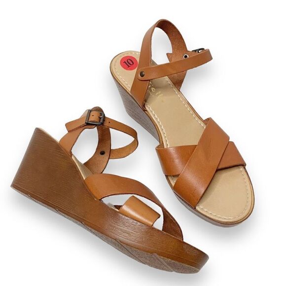 Mariella Women’s Leather Ankle Strap Wooden Wedge Cross Straps Tan Sandal Sz 10M - Picture 2 of 9